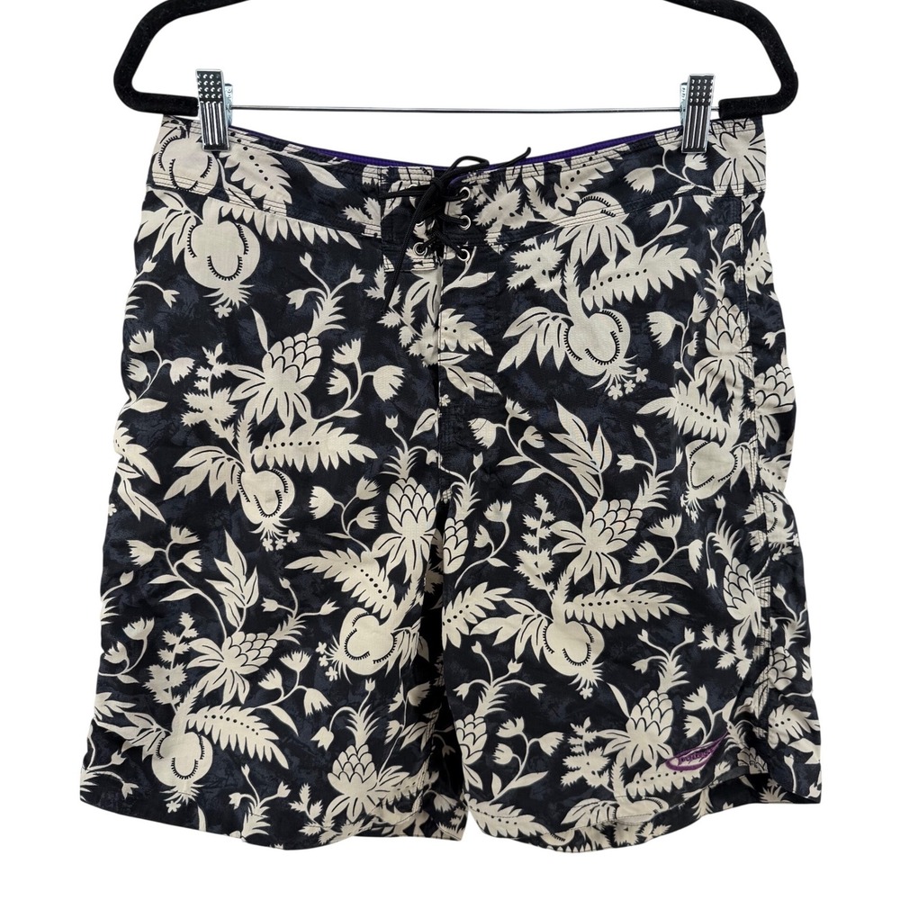 Patagonia Mens 34 Board Shorts Floral Pineapple Print Navy Cream Swim Trunks‎